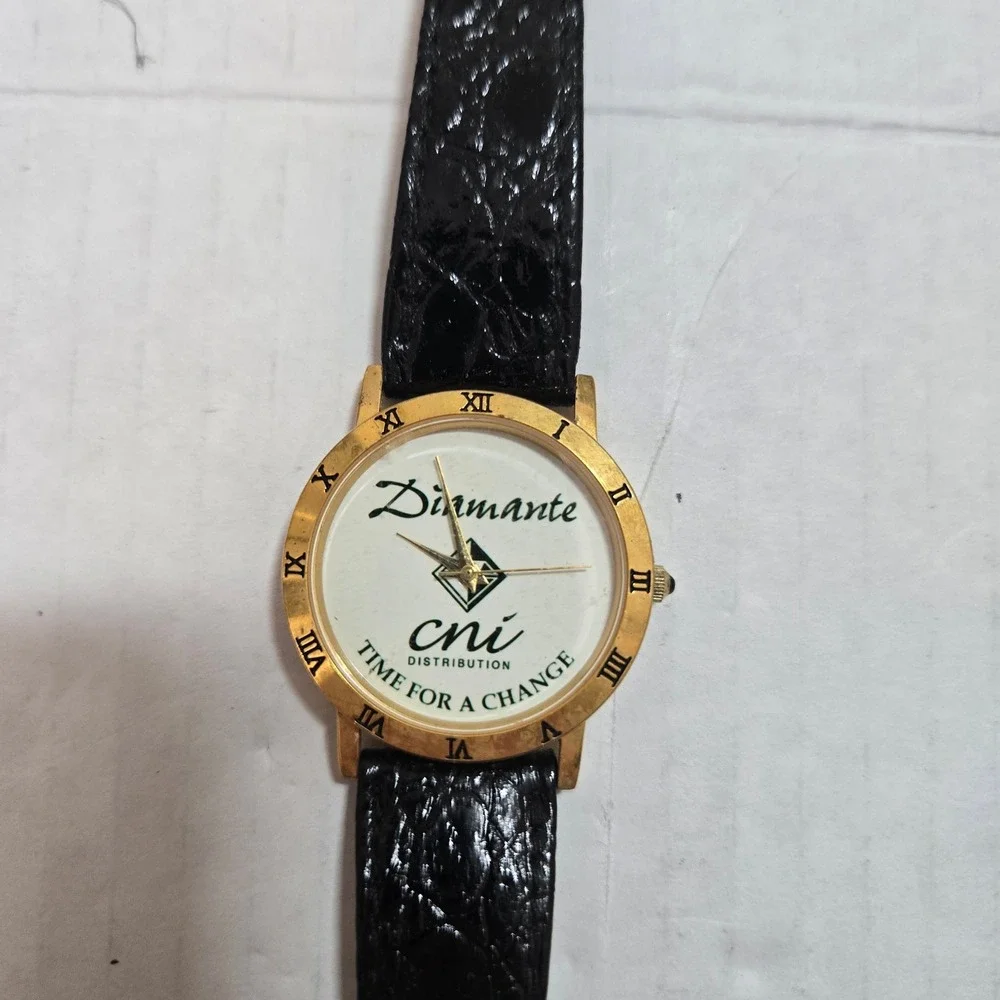 Vintage Diamante CNI Distribution Promo Watch Gold Tone Leather Japan Movt 80s